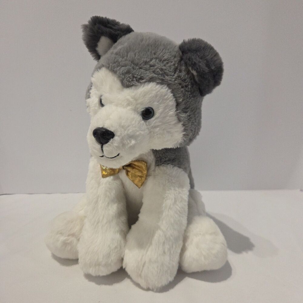 FAO Schwarz Siberian Husky Dog Plush 12” Stuffed Animal W/ Gold Bow Tie